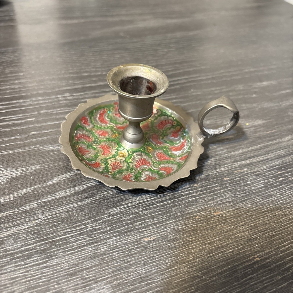 Vtg Enameled Cloisonne Brass Hand Paint s Flamingos Candlestick Candle Holder